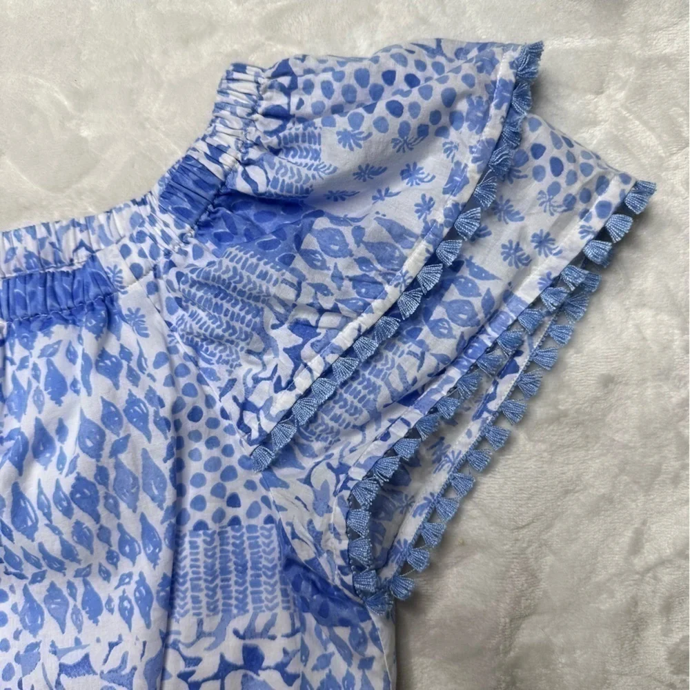 Vineyard Vines Painted Patchwork Ruffle Off The Shoulder Romper in Hydrangea L